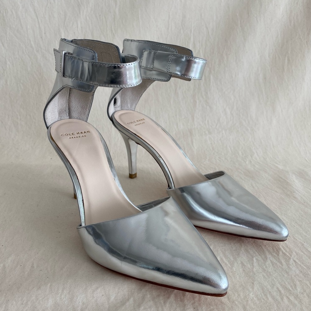 Silver ankle strap pointed toe heels by Cole Haan